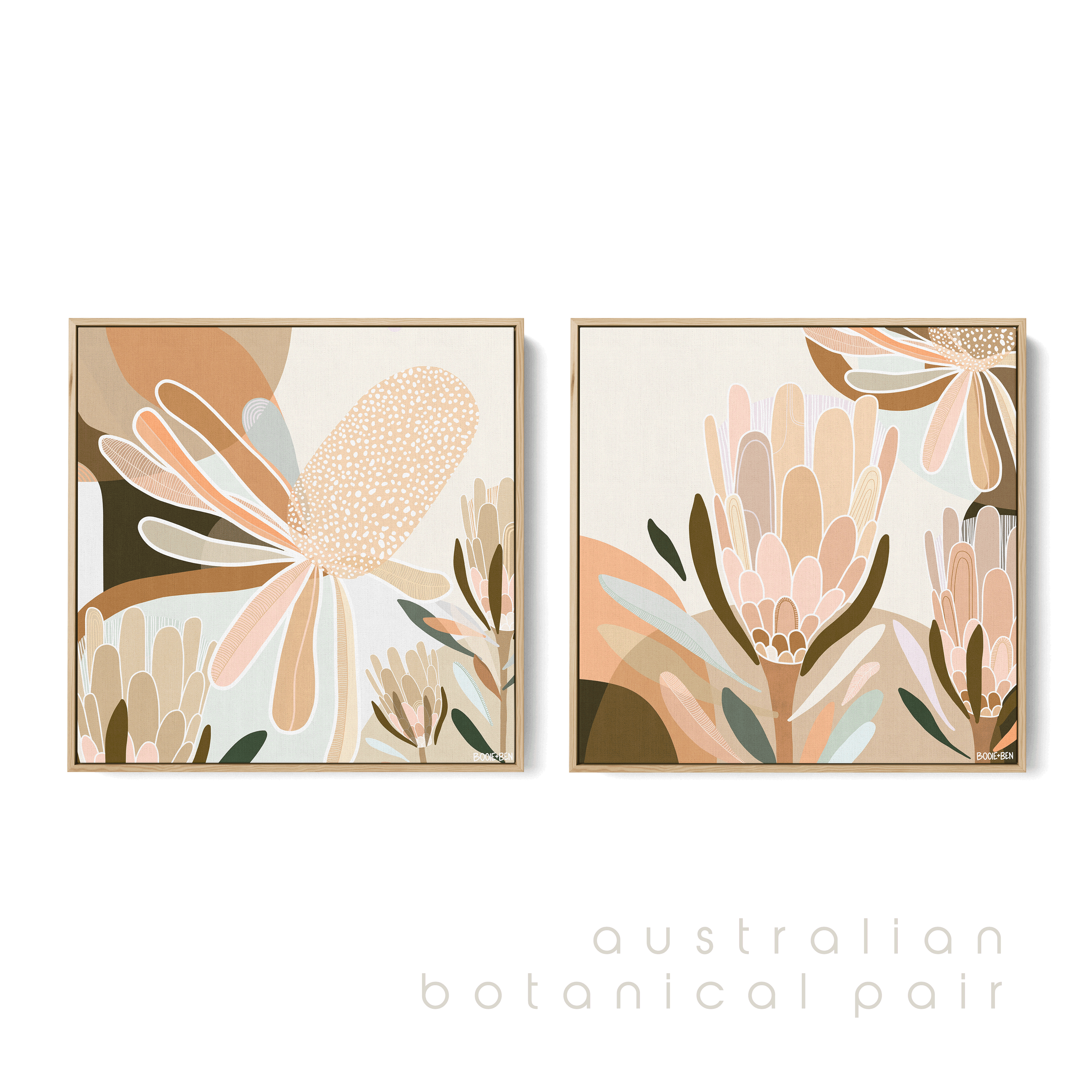 Booie and Ben - Botanical Artwork - Australian Botanical Banksia and Protea Pair - Moss - Canvas in Oak Frame